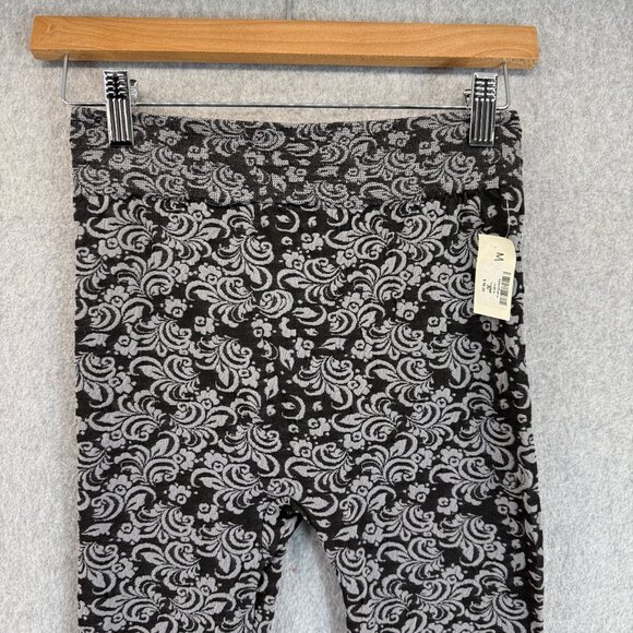 Black Gray Floral Patterned Womens Leggings OS One Size Stretch Tights Baselayer - Picture 2 of 13